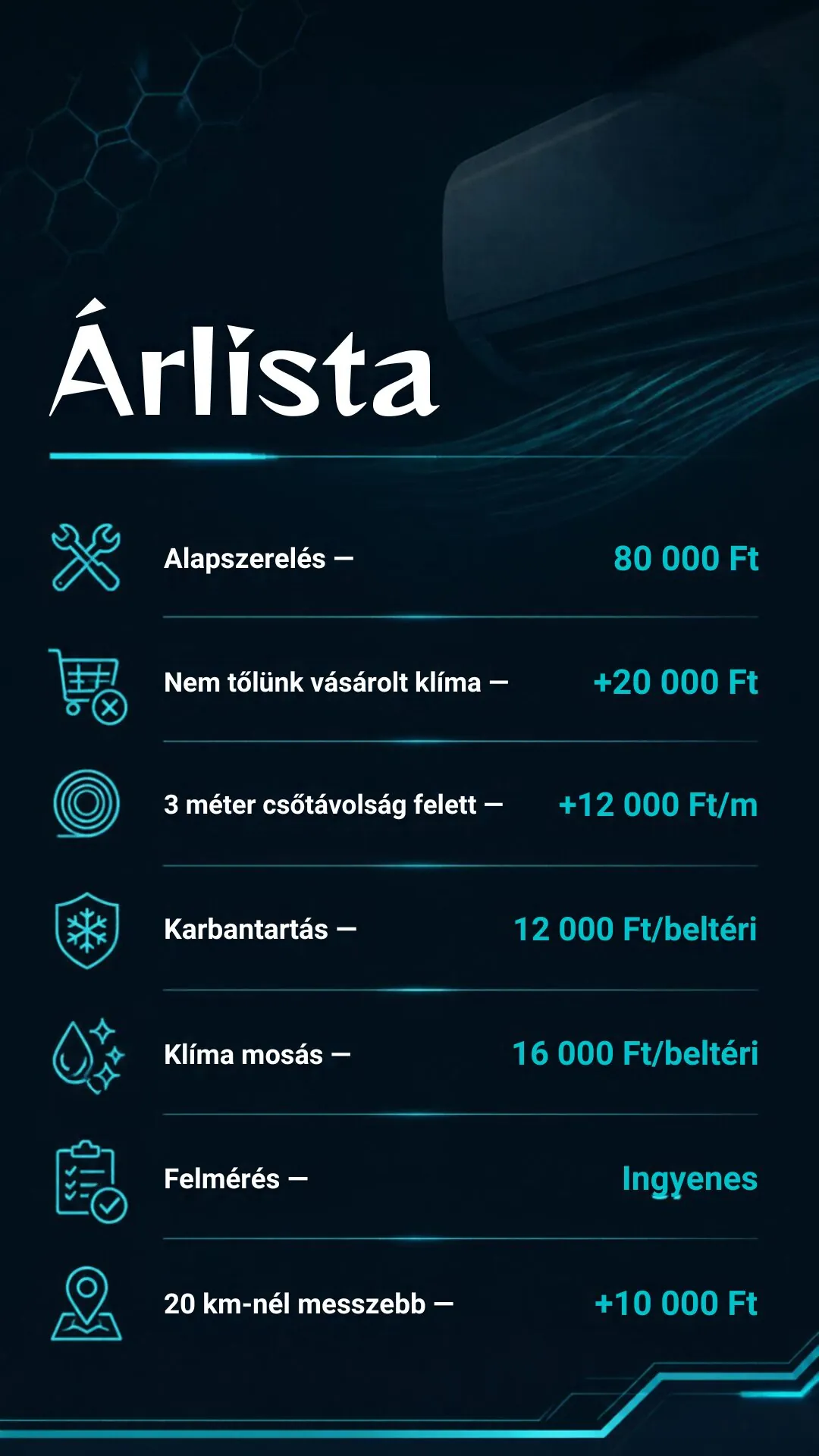 Szabadiklíma árlista, klímaszerelés ára